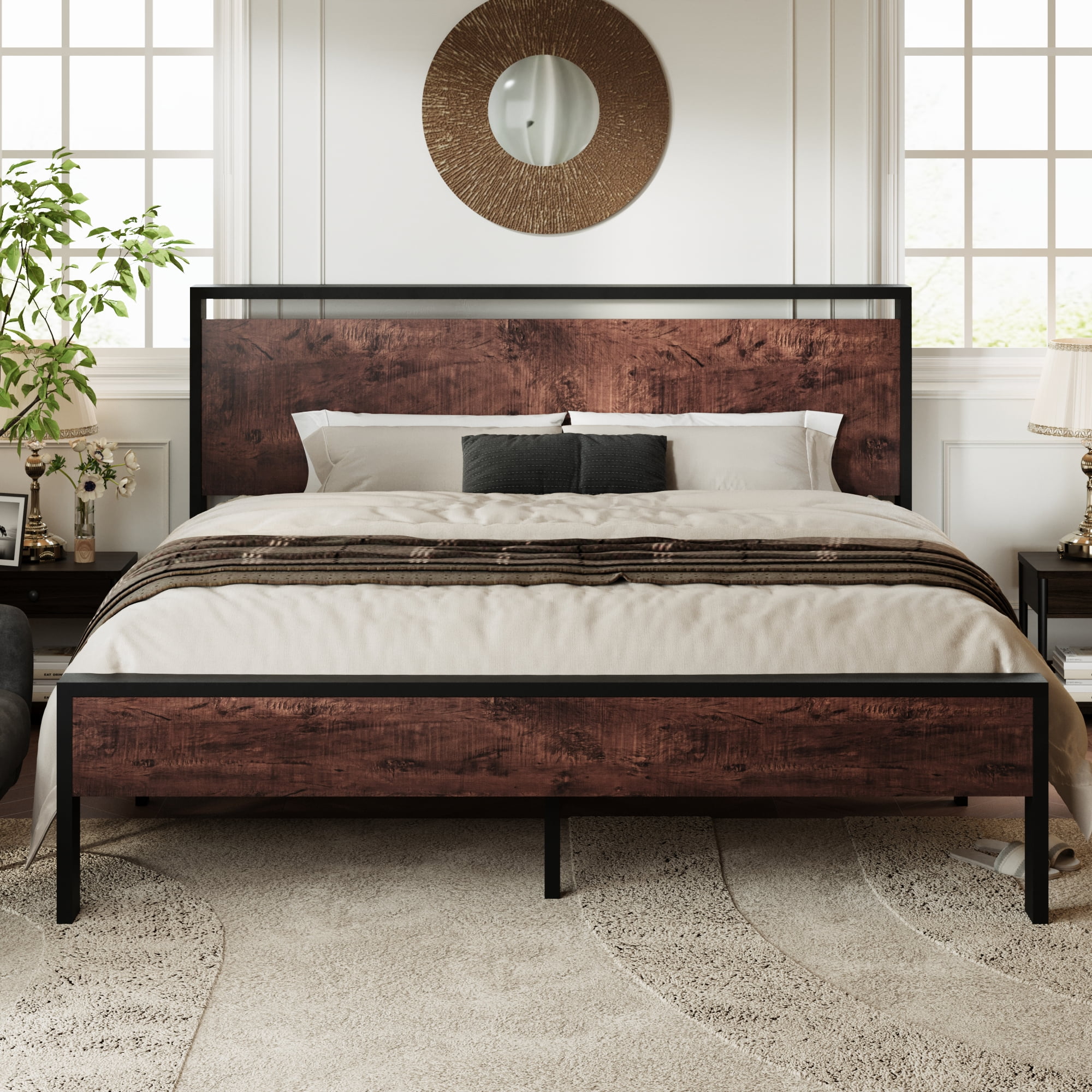 Allewie King Size Bed Frame, Heavy Duty Metal Platform Bed with Wooden Headboard & Footboard, No Box Spring Needed, Mahogany
