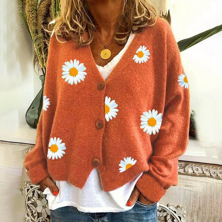 Jggspwm Daisy Floral Cardigans Sweaters for Womens Open Front Long Sleeve Pullover Lovely Graphic Jumper Button Down Sweater Casual Cute Tops Orange M
