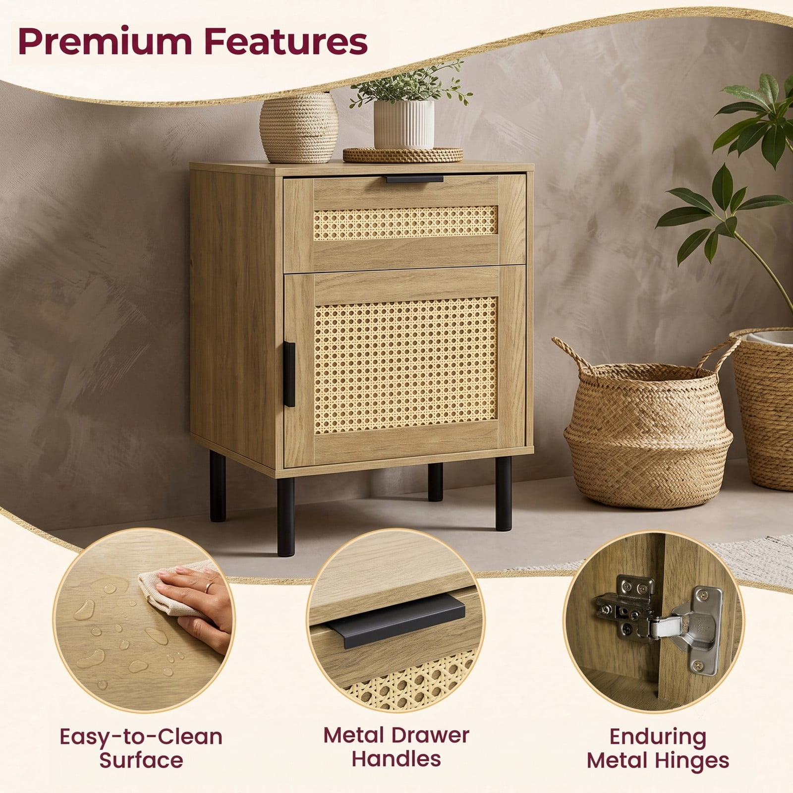 Furnibear Set of 2 Rattan Nightstands with Drawer and Storage Cabinet plus Metal Legs for Bedroom Dorm and Guest Room, Natural