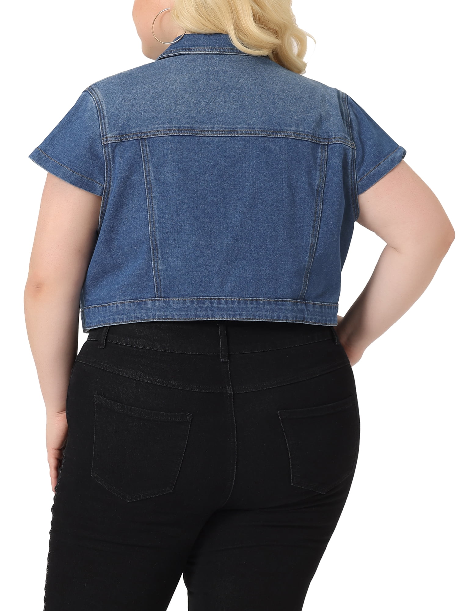 DARING DIVA Women's Plus Button Down Cap Sleeve Cropped Jacket 3X Mid Blue