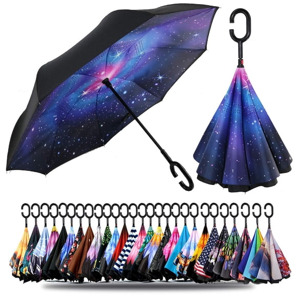 49/56 Inch Inverted Reverse Upside Down Umbrella, Extra Large Double Canopy Vented Windproof Waterproof Stick Golf Umbrellas with C-shape Handle.
