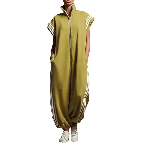 Jumpsuits for Women Workwear Romper Stripe Zipper Casual Stand Collar Short Sleeve Wide Leg Jumpsuit Loose Elastic Cuffed Jogger One Piece Jumpsuit