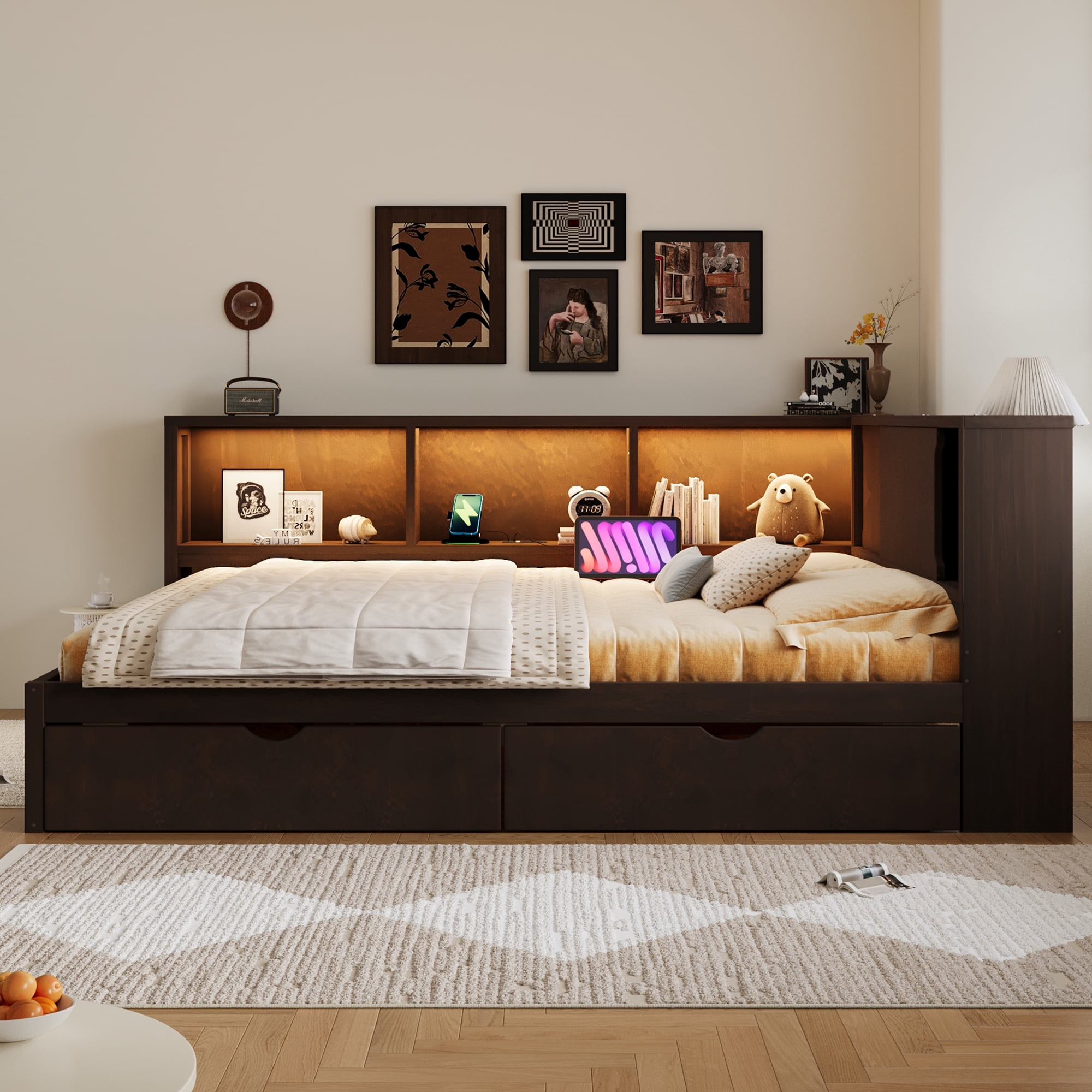 Euroco Wood Queen Size Daybed with Storage Shelves and Drawers, USB Ports and LED Light, Brown