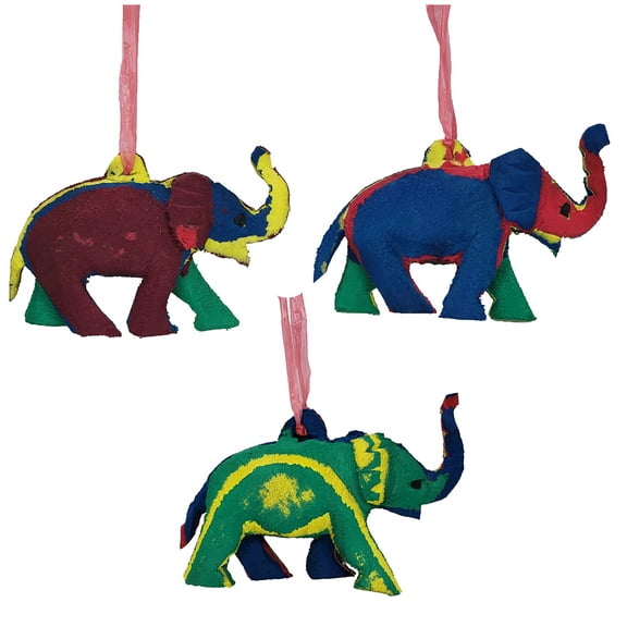 Flip Flop Hanging Elephant Figurine Ornament Hand Made Using Recycled Flip-Flop Rubber Makes For Great Christmas Tree Holiday Arrangement Decor Set of 3