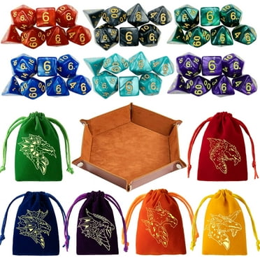 REZIPO 6 Sets DND Dice Polyhedral Dice Dungeons and Dragons Rolling Dice for RPG MTG Table Games Dice Bulk with Free Six Drawstring Bags and PU Leather D&D Dice Tray