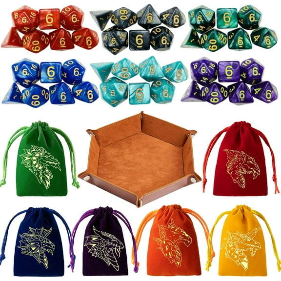 REZIPO 6 Sets DND Dice Polyhedral Dice Dungeons and Dragons Rolling Dice for RPG MTG Table Games Dice Bulk with Free Six Drawstring Bags and PU Leather D&D Dice Tray