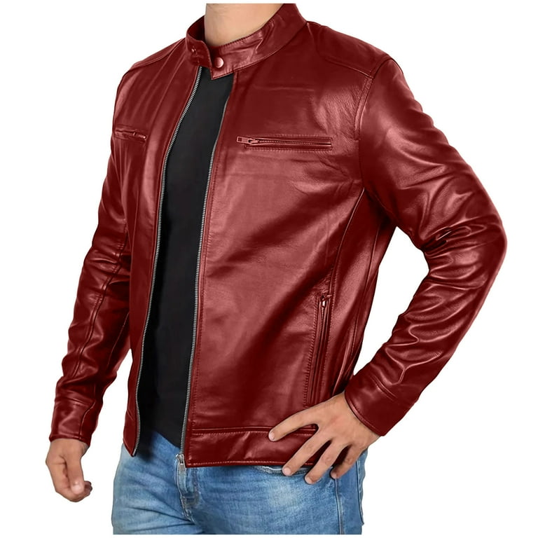 Men's Solid Color Biker Jackets Faux Leather Jacket with Zipper