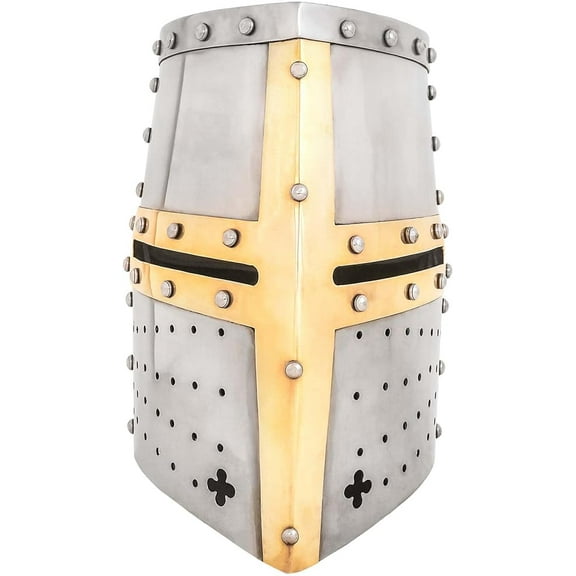 Lord of Battles Crusader Knight Pot Helm Battle Ready with Brass Cross 16 Gauge Ideal for Medieval Crusader LARP, Evocation, Event, or Fair