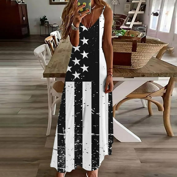CFLVAEK Womens American Flag Dress Plus Size 4th of July Dress Loose Fit Sleeveless V Neck Sundress Independence Day Spaghetti Straps Cami Maxi Dress XXL