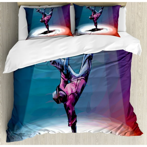 Kids Boys Queen Size Duvet Cover Set, Break Dancer Sketch with Colorful Background Teen Urban Culture Illustration, Decorative 3 Piece Bedding Set with 2 Pillow Shams, Multicolor, by Ambesonne