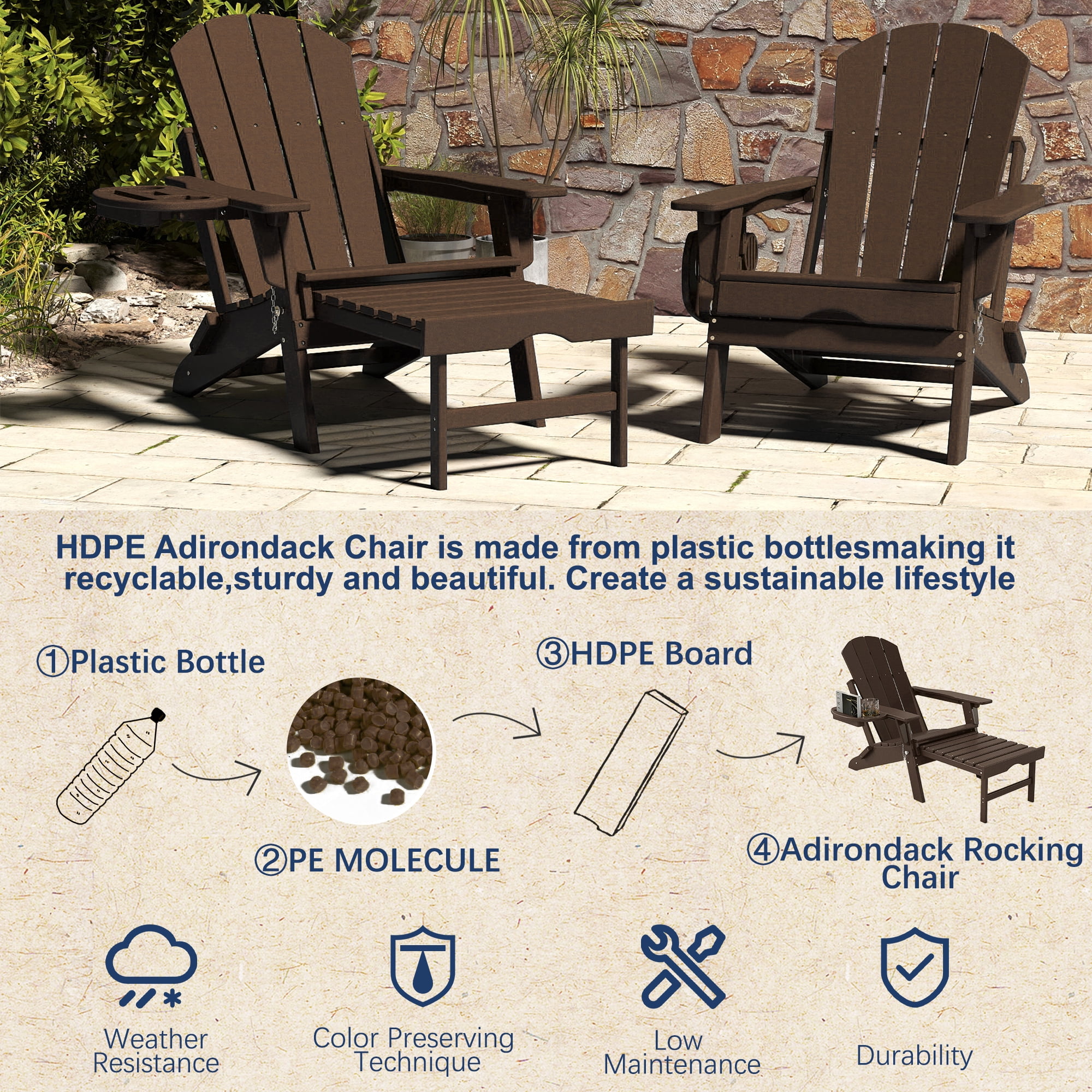 2PCS Folding Adirondack Chair with Ottoman, Adjustable Backrest Plastic HDPE Adirondack Chairs w/4 in 1 Cup Holder Tray, Coffee