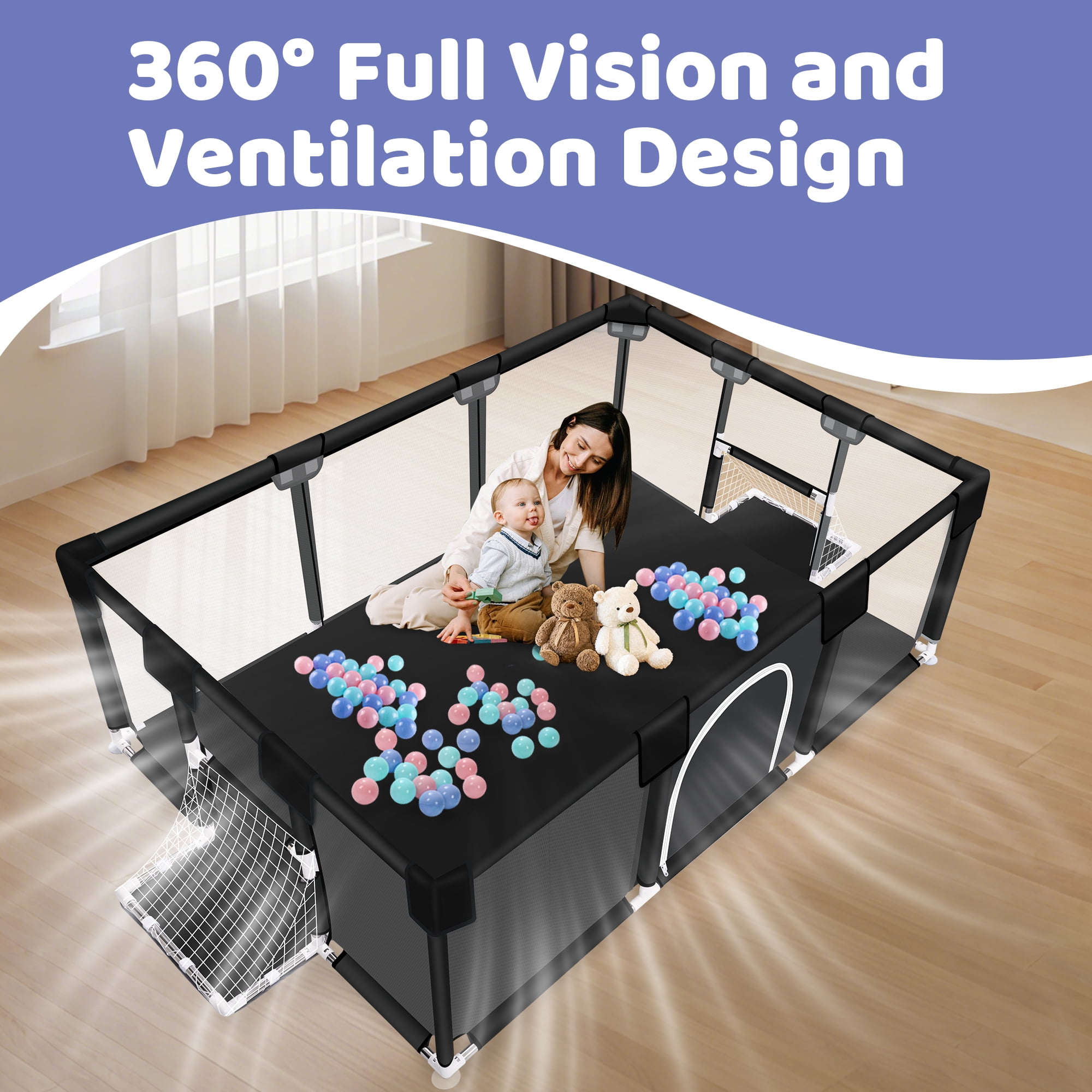 Baby Playpen, HDJ 71 inch Extra Large Baby Play Yard with Soft Breathable Mesh, Play Fence for Infant and Toddlers, Anti-Slip Base, Black