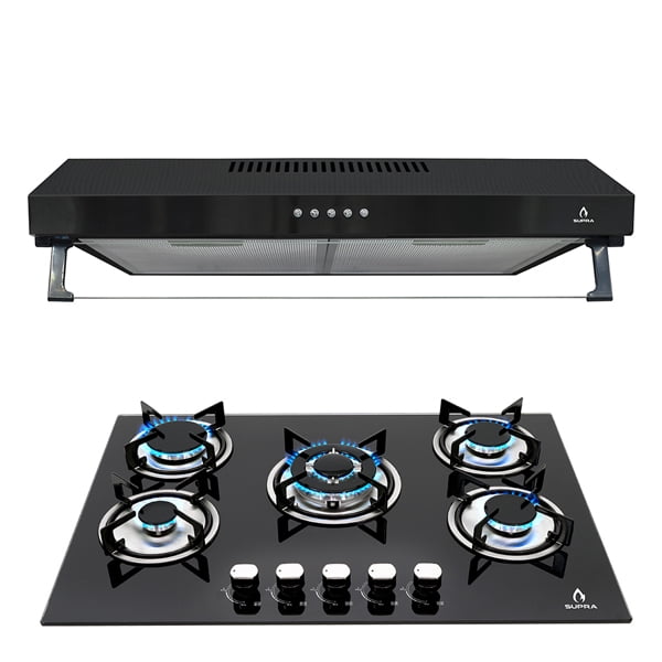 Combo de Cocina Supra Vesubio: Parrilla de Gas 5 Quemadores Cristal Templado 76cm y Campana de Pared Acero Negro 76cm