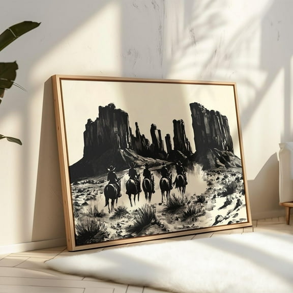 Black And White Cowboy Art Print – Western Desert Scene, Vintage Rodeo Wall Decor, Rustic Horseback Riders, Old West Illustration Wall Art, Modern Wall Decor, 8x12 UNFRAMED