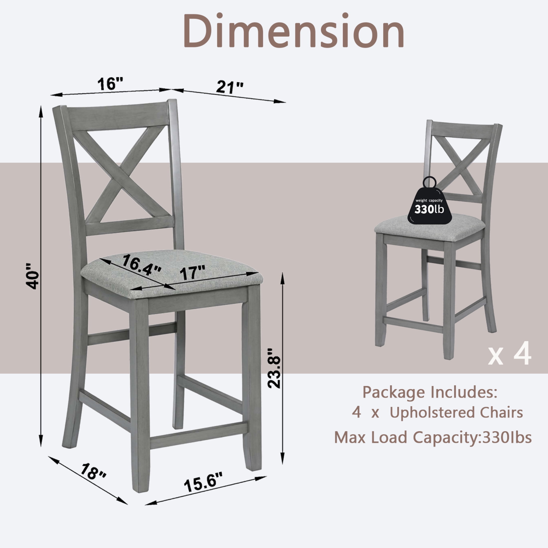 Noble House 40" Farmhouse Counter Height Bar Chairs with Padded Seat Set of 4, X-Shaped Backrest, Gray