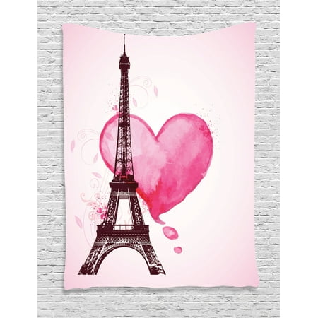 Eiffel Tower Decor Wall Hanging Tapestry, Eiffel Romantic Valentine Love Watercolor Themed Heart Leaf Silhouette Print, Bedroom Living Room Dorm Accessories, By (Best Dorm Room Posters)