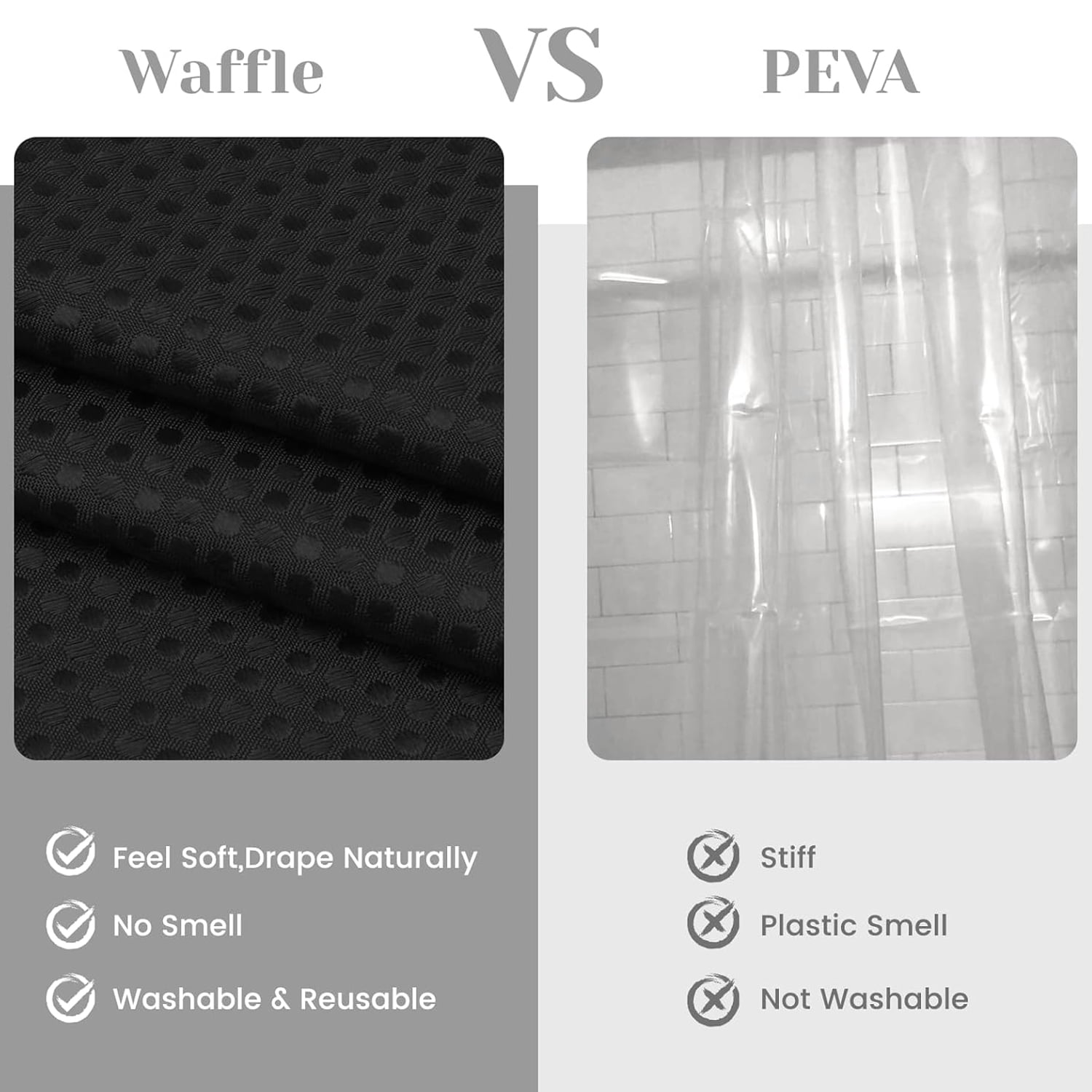 Waffle Weave Hookless Shower Curtain with Snap in Liner, DawnJoanHD Black Polyester Fabric Shower Curtains with See Through Top Window, 71" x 74"