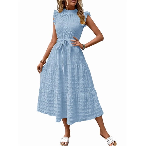 Women Summer Casual Midi Maxi Dresses Short Sleeve Light Blue S
