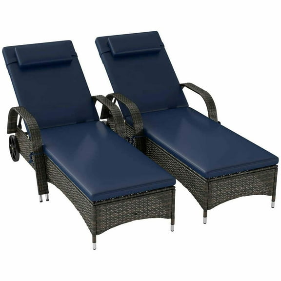 YYAo Lounge Chair Outdoor, Patio Lounge Chair,2 Reclining Chaise Lounge Chairs, Rolling Outdoor Chairs with Cushion, Pillow, Headrest, Armrests, and Wheels, Dark Blue