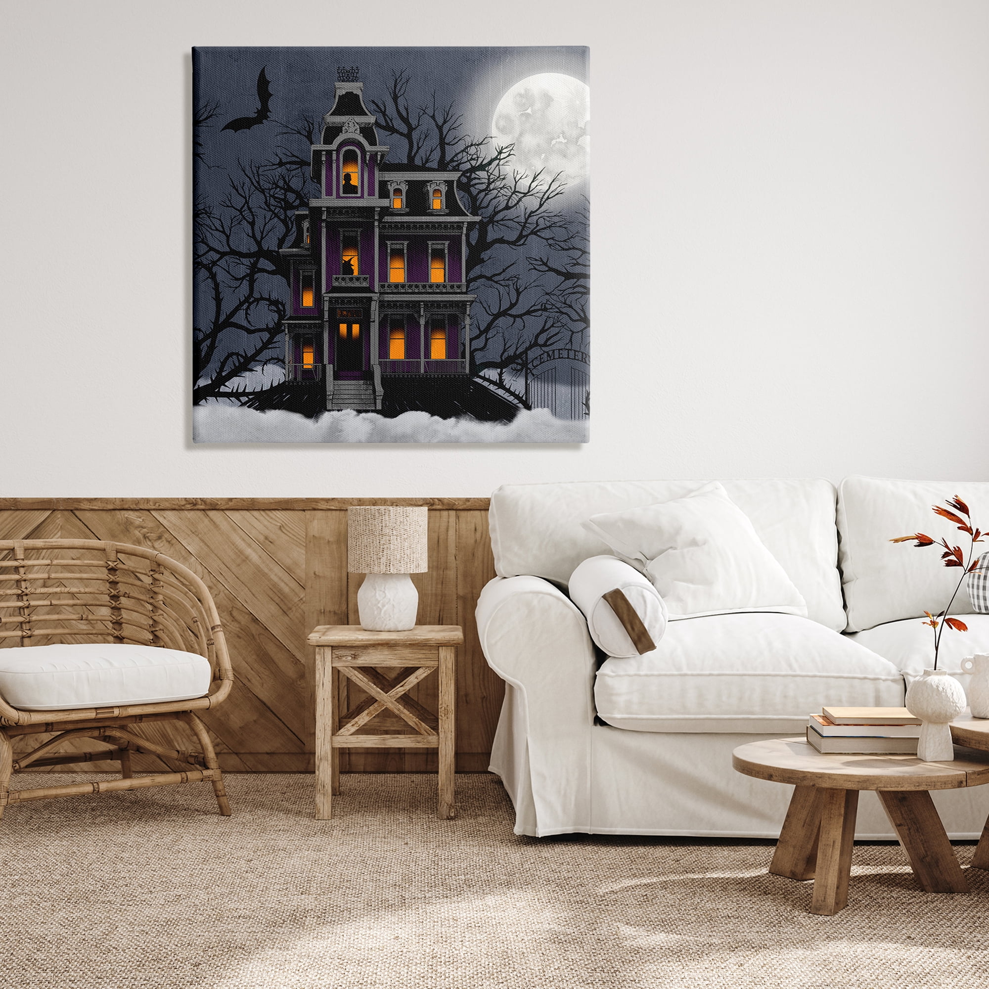 Creepy Haunted Halloween House Under Moonlit Sky Holiday Painting Gallery-Wrapped Canvas Print Wall Art
