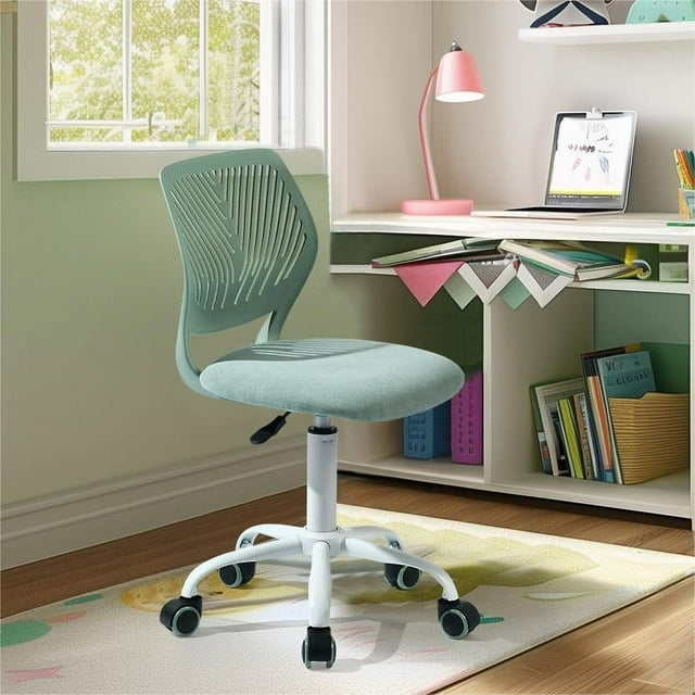Ergonomic aqua fabric kids desk chair with height adjustment lever, swivel wheels, and sturdy white frame in a study room.