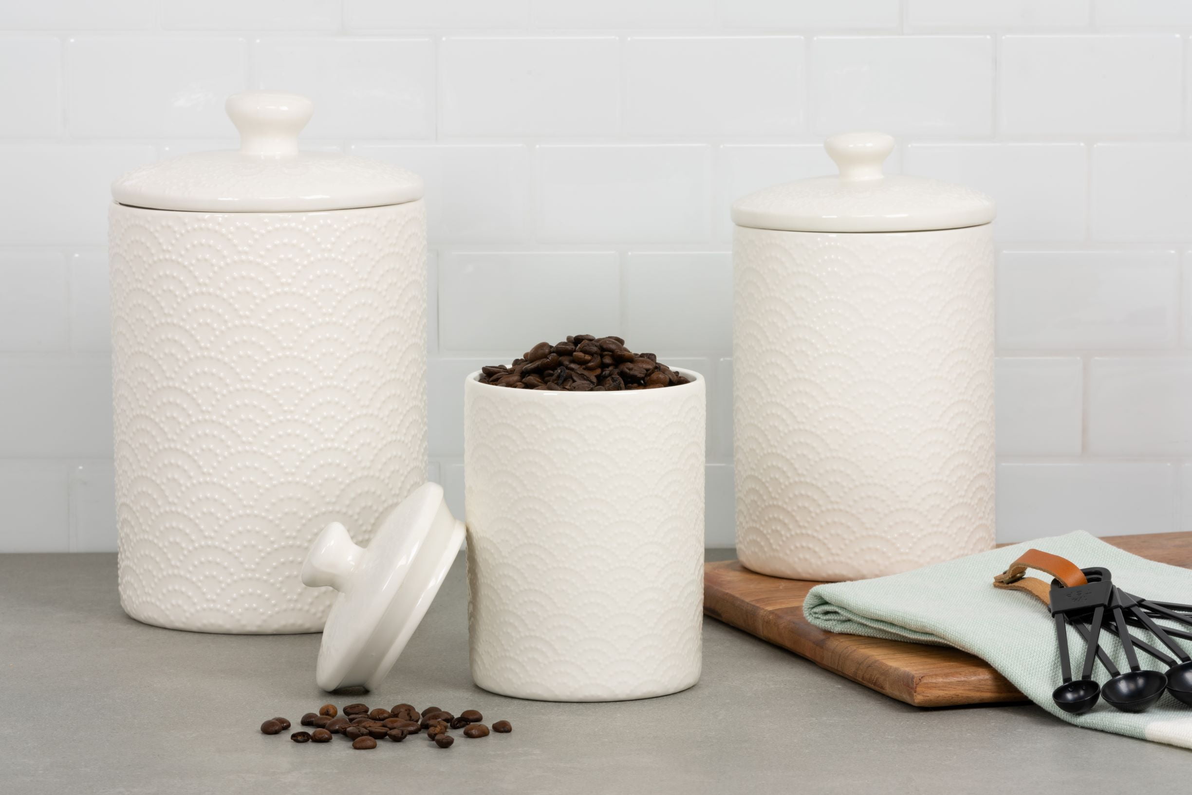 10 Strawberry Street Tide Embossed 3 Piece Ceramic Canister Set, White