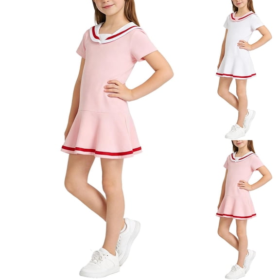 SGFCWSX Girls Short Sleeve Sailor Collar Dress, Ruffled Hem Casual Dress Pink Size 7-8 Years