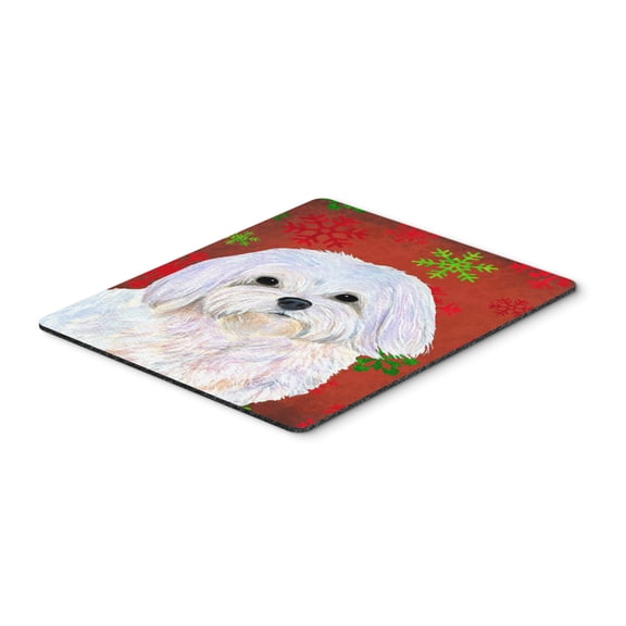 "Maltese Red and Green Snowflakes Holiday Christmas Mouse Pad Hot Pad or Trivet"