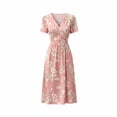 thumbnail image 7 of Bxsruta Women's Floral Print V Neck Short Sleeve Midi Dress Casual A Line Flowy Long Dress for Work Party Pull on Comfortable Elastic Waist Lightweight Everyday, 7 of 7