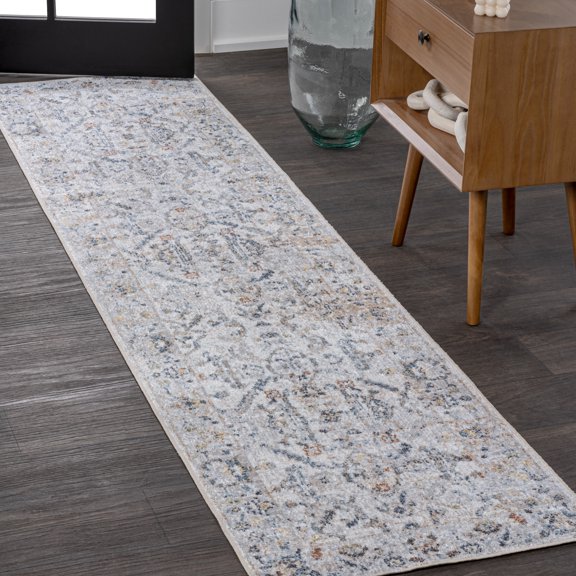 JONATHAN Y WASHABLE 2 x 8 Runner Rug, Brandy Rustic Border - Light Gray/Blue, WSH321B-28