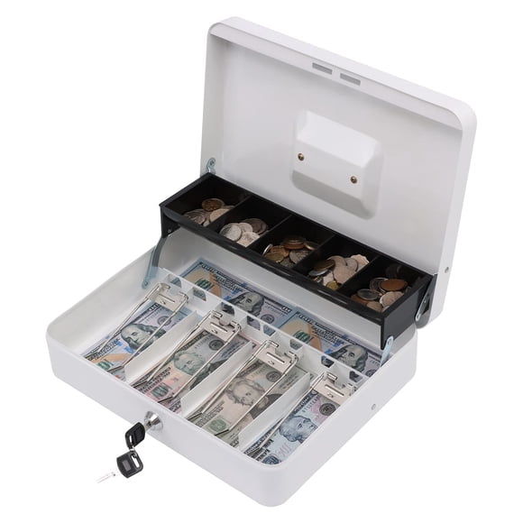 xydled Caja de efectivo de metal con bandeja para dinero y caja de almacenamiento con cerradura para llaves, color blanco, 4 ranuras para billetes/5 monedas, 11,8 x 9,5 x 3,5 pulgadas, color blanco