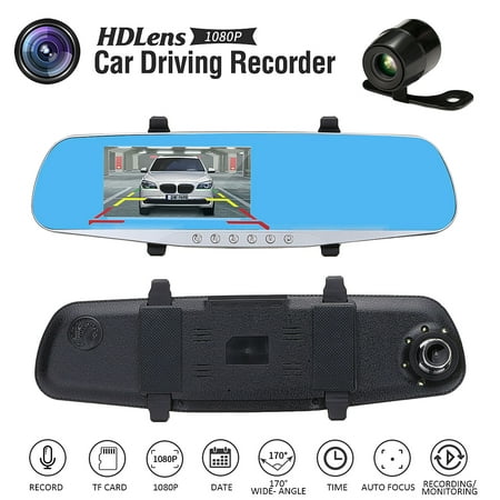 Grtsunsea Blue Mirror Car DVR Dash Cam HD 4.3'' LCD 1080P Dual Lens Rearview Camera Recorder √ 170° Wide Angle√ Night Vision√ G-Sensor√ Motion