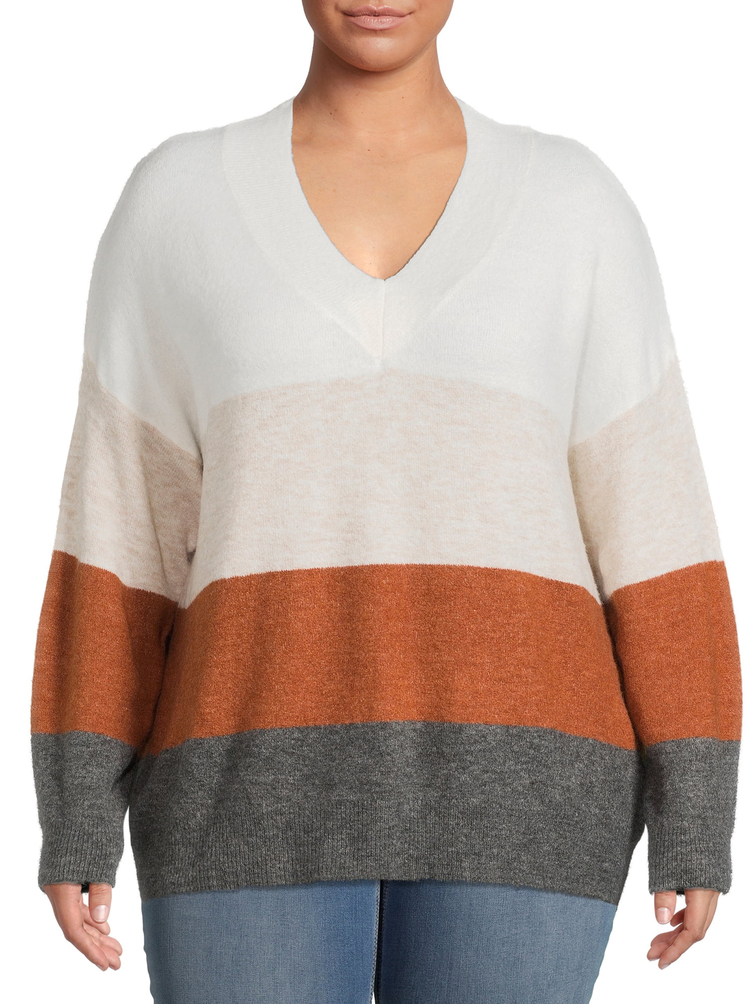 Dreamers by Debut Plus Size Colorblocked V-Neck Sweater - Walmart.com