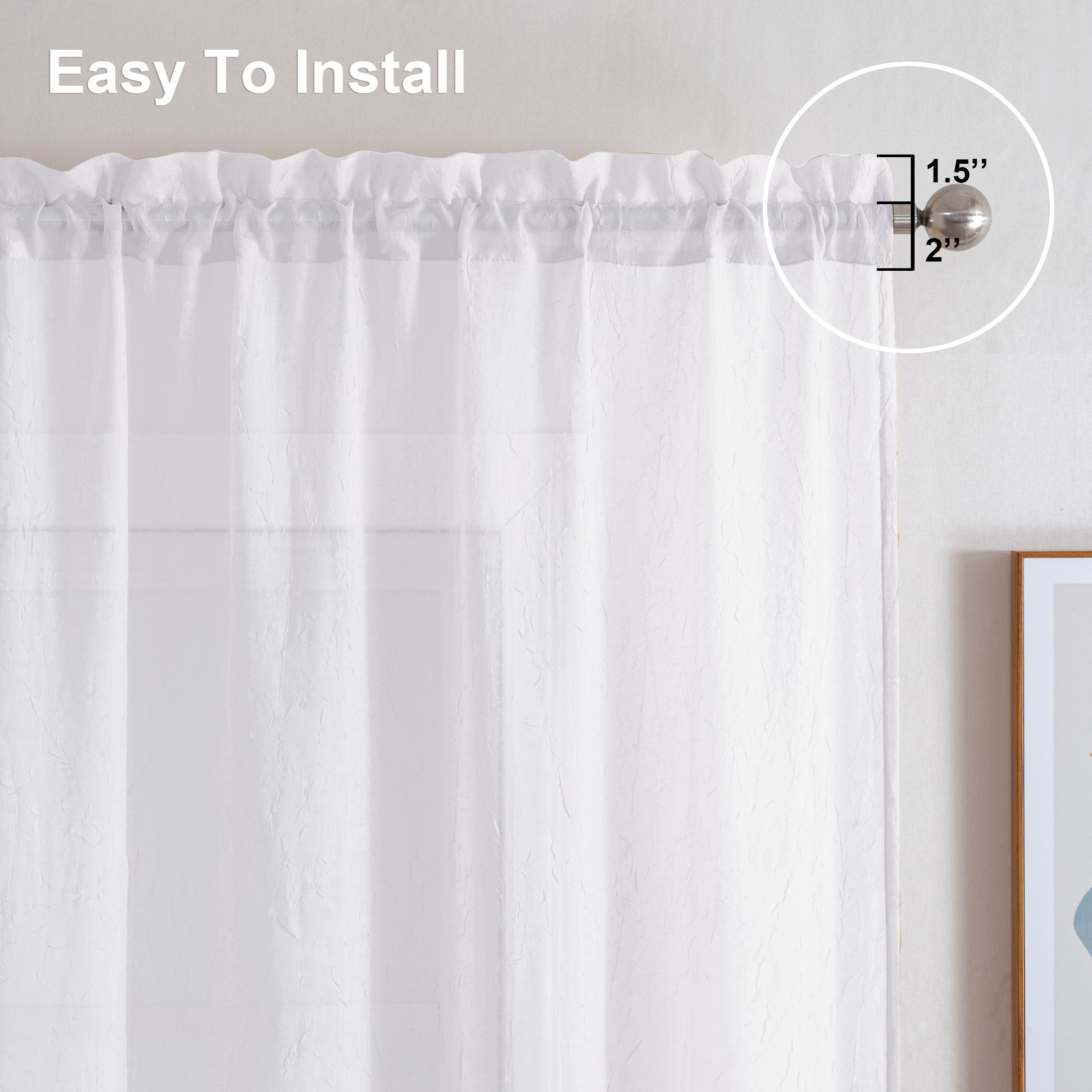 OVZME Crushed White Sheer Curtains 42x63 (2 Panels) photo 7