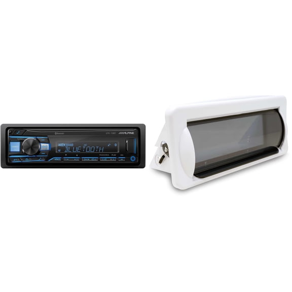 Alpine UTE-73BT Mech-less Digital Media Receiver with Bluetooth® Wireless Technology with Creative Audio CAMC1W Marine Single DIN Radio Mounting Kit with Retractable Cover (White)