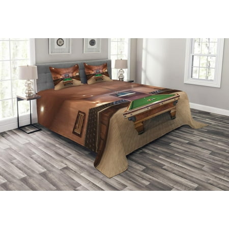 Photo Print Bedding Modern Bedspread Set, Entertainment Room in Mansion Pool Table Billiard Lifestyle Photo Print, Decorative Quilted Coverlet Set with Pillow Shams Included, Cinnamon Brown Green, by Ambesonne ()