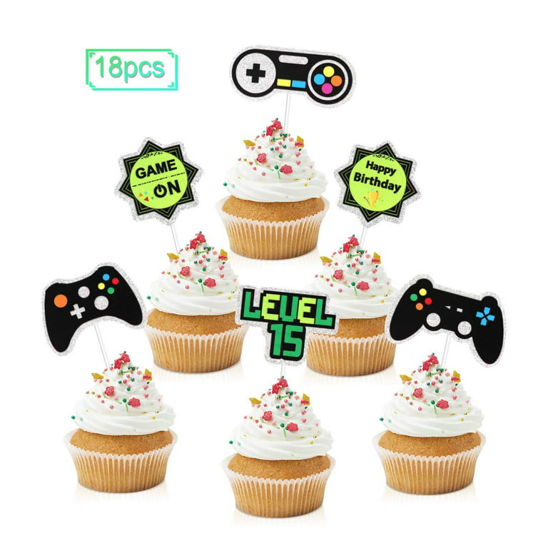18pcs Video Game Cupcake Toppers - Gaming Level Up 10 Party Glitter  Controller Cupcake Toppers Supplies - Boy's 10th Birthday Game On Party  Dessert Picks Decorations 