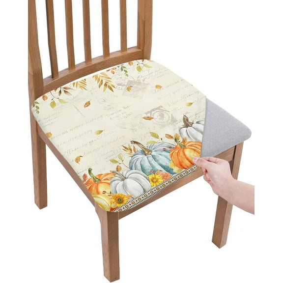 Teal Orange Grey Pumpkins Fall Seat Covers for Dining Room Chairs Covers, Southwestern Thanksgiving Office Chair Seat Cover, Maple Leaf Chair Slipcovers Cushion Protector for Kitchen Banquet Set of 6