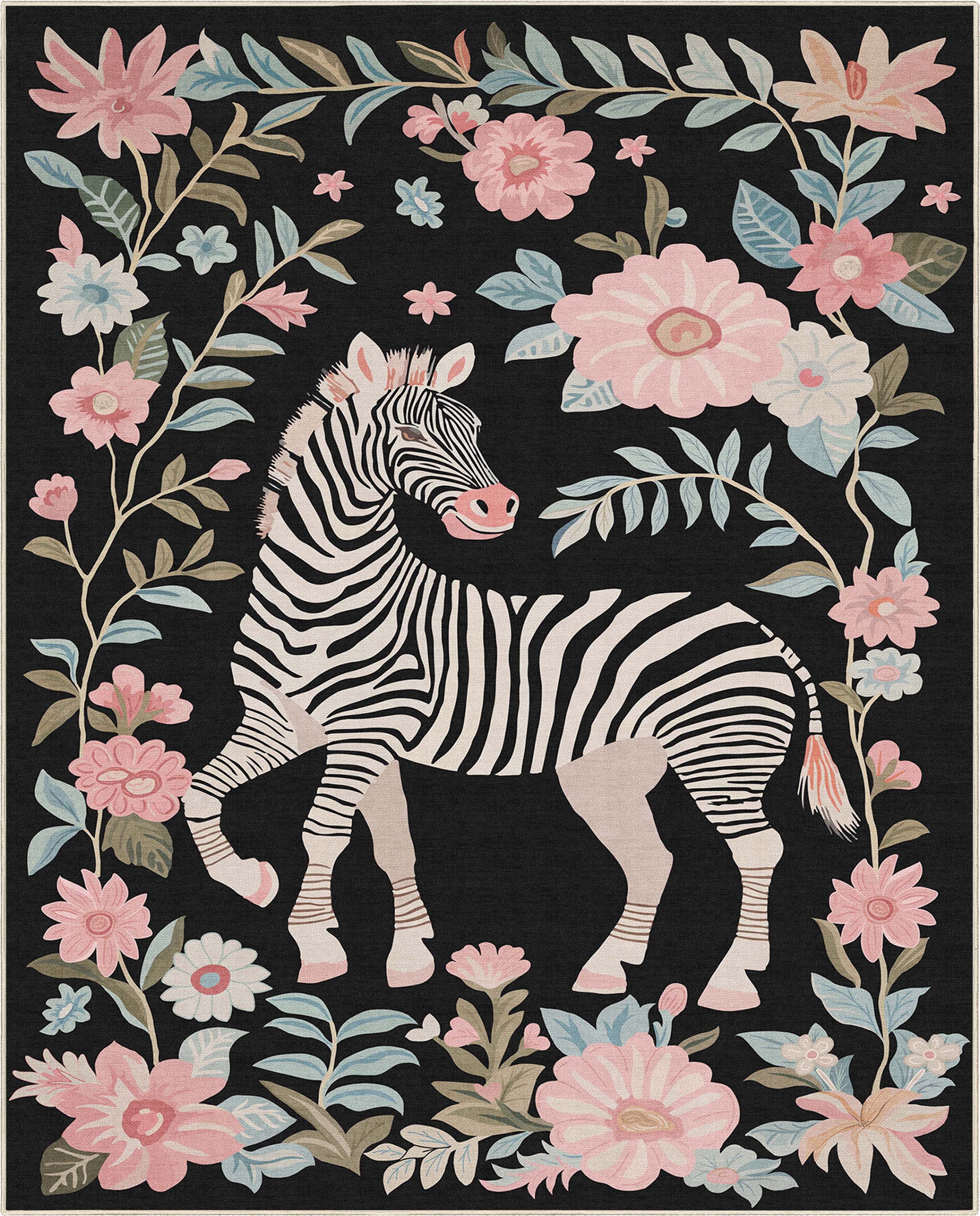 Well Woven Zebra Floral 7'10" x 9'10" Rug – Black, Stain-Resistant & Easy to Clean
