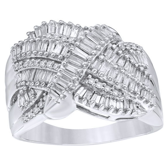 Baguette & Round Cut White Natural Diamond Multi Row Crossover Ring In 10K Solid Gold (1 Cttw)