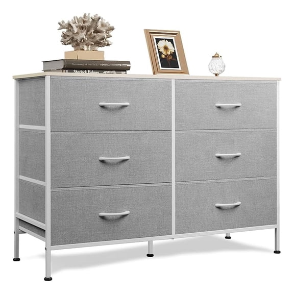 XiHuaZhaoChen 6 Drawer Dresser for Bedroom,Wide Fabric Dresser TV Stand for 50 Inches TV with Metal Frame,Wooden Top,Chest of Drawers,Storage Organizer for Living Room,Hallway,Light Grey