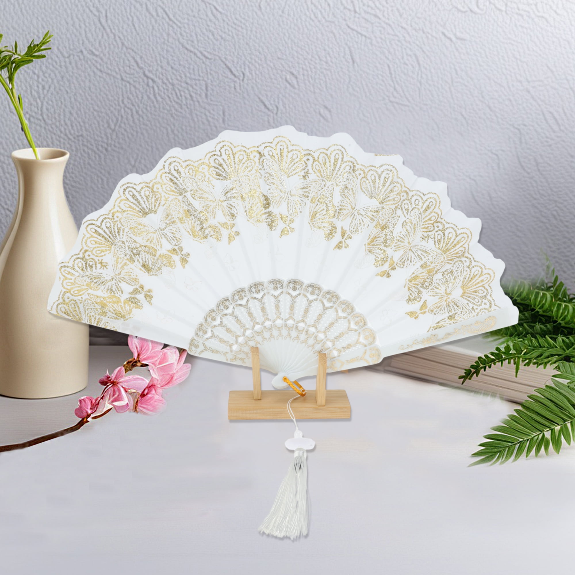 Unique Bargains Elegant Butterfly With Tassel Folding Fan 1PC White