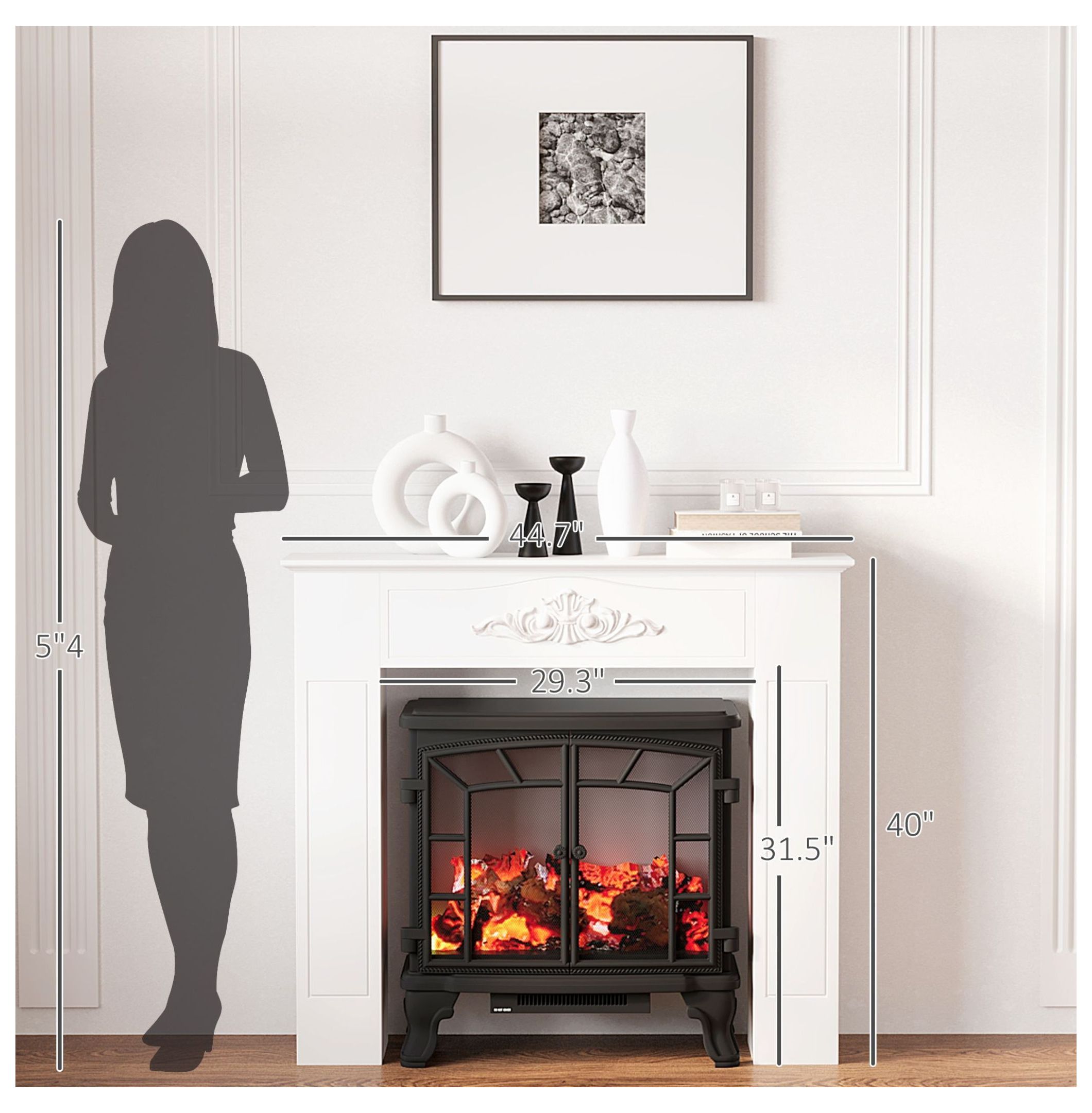 Fir Wood Fireplace Mantel Surround 44.75", Distressed White, Freestanding Electric Fireplace, Living Room Decor