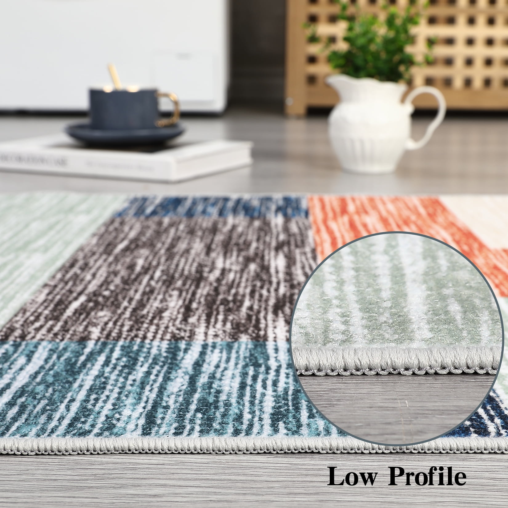 Hasoo 2' x 6' Runner Modern Geometric Patchwork Print Rug for Laundry Kitchen Non-Shedding Non-Slip Floor Mat Bedside Indoor Carpets, Red/Blue