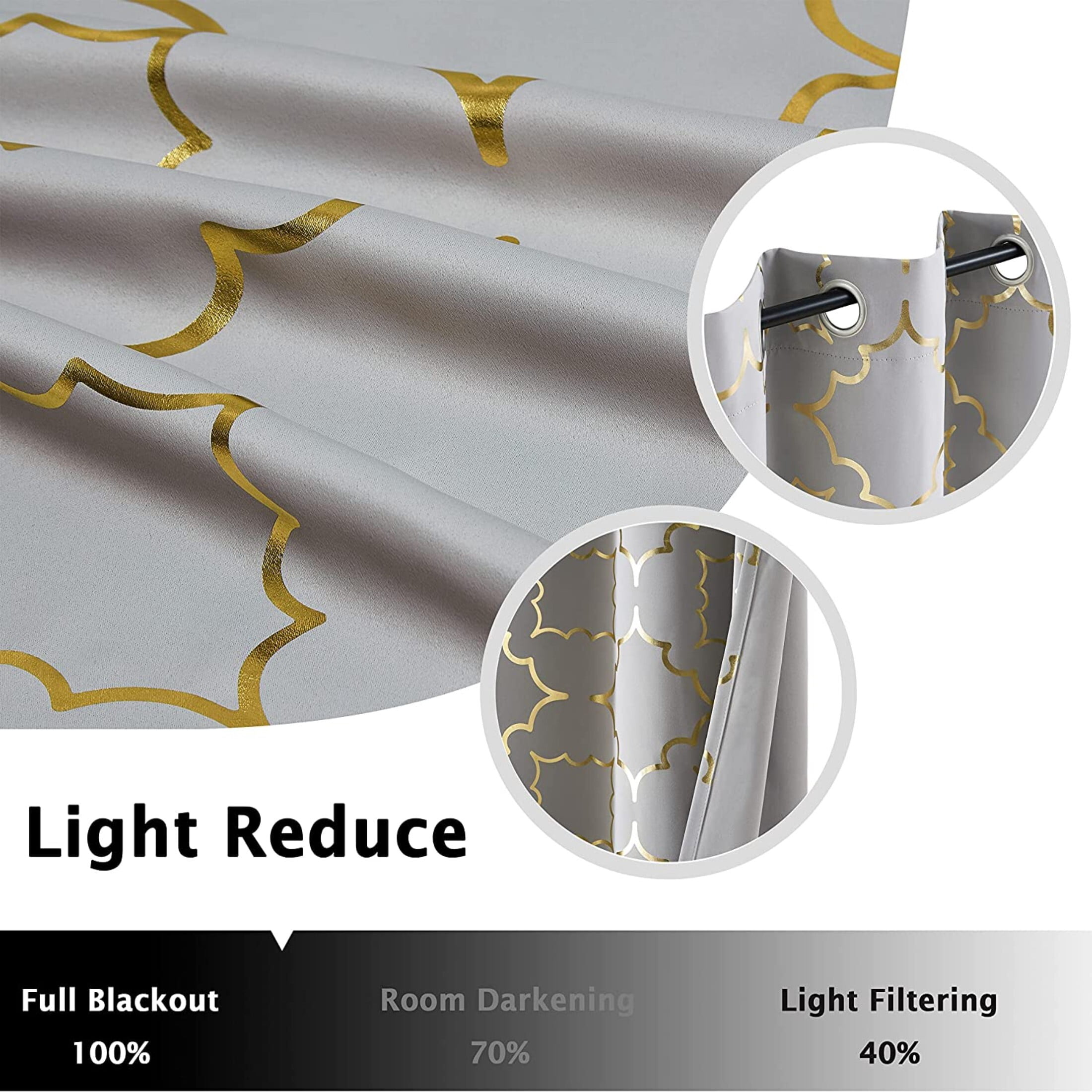 Junvictex Blackout Gold-Grey Grommet Curtain for Bedroom 52"Wx84"L Foil Metallic Print Energy Efficient Drapes,2 Panels