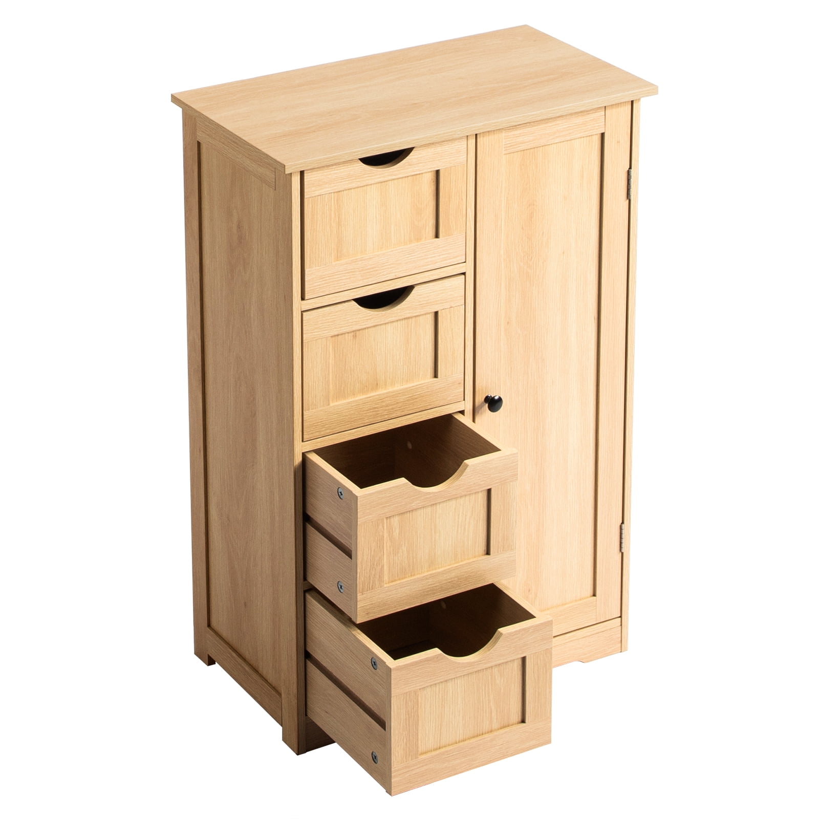 Ktaxon Wooden Bathroom Floor Cabinet, Side Storage Organizer with 4 Drawers, 1 Cupboard & 2-Shelves, Wood