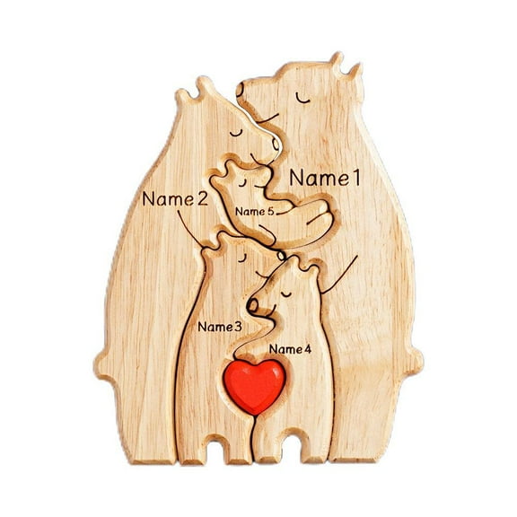 Personalized Wood Bear Puzzle Ornament, Engrave 2-7 Family Names, Six Designs, High-Quality Pine, Unique Home Decor, Gift