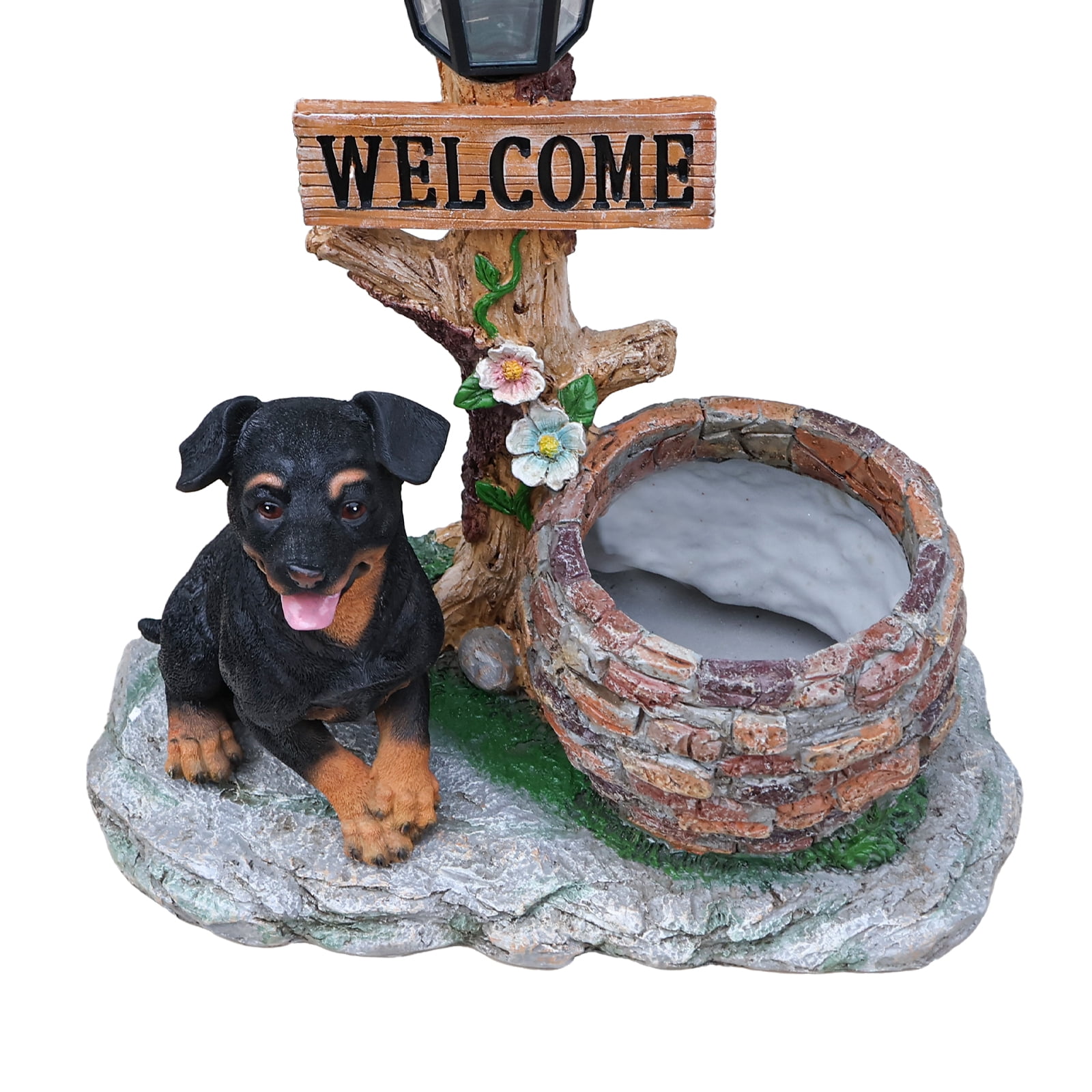 18.5" H Rottweiler Garden Statue with Solar Lamp Post,Welcome Sign & Brick Well Planter,Outdoor Freestanding Dog Decor for Patio,Porch and Backyard,Brown+Black