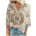 thumbnail image 2 of Weiqiqre Summer Fashion Tops for Women Floral Printed Lace V-Neck 3/4 Sleevet Casual T-shirt Blouse, 2 of 5
