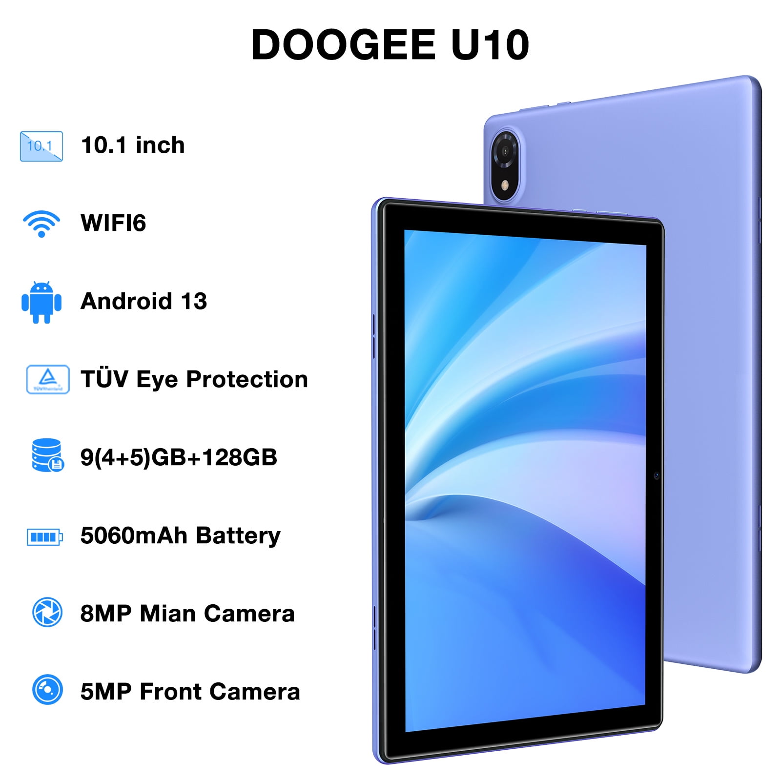 DOOGEE U10 Android Tablet, 9GB RAM + 128GB ROM(TF 1TB) Android 13